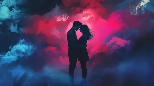 Silhouetted Couple Embracing Against Luminous Chromatic Atmospheric Composition