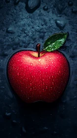 Red apple glistens under cool studio droplets. Period.