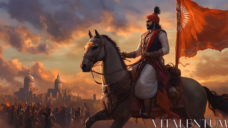 Mounted leader with orange flag before fortified city at dusk.