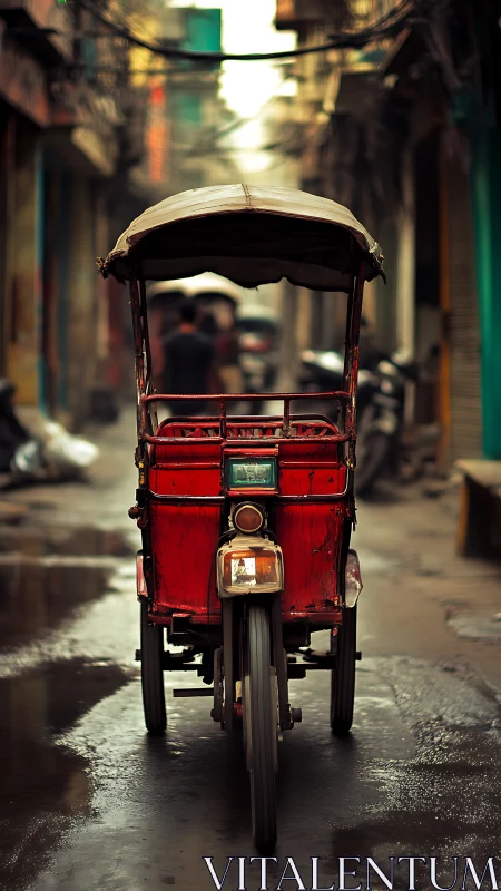 Weathered red rickshaw in narrow rain-soaked alleyway.