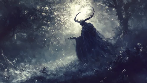 Antlered shadow walks through misted, haunted forest night.