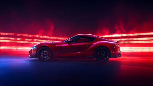 Red sports coupe rendered with dynamic red light trails