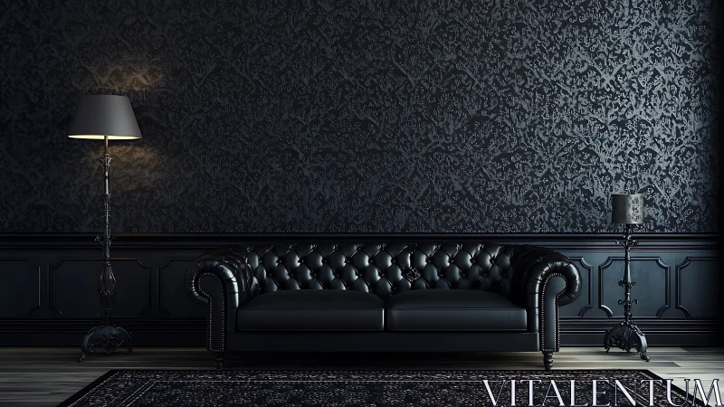 Dark tufted leather sofa anchors a monochrome neo-baroque interior