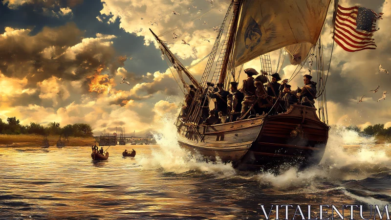 Sunlit patriots riding the waves on a stormy bold voyage.