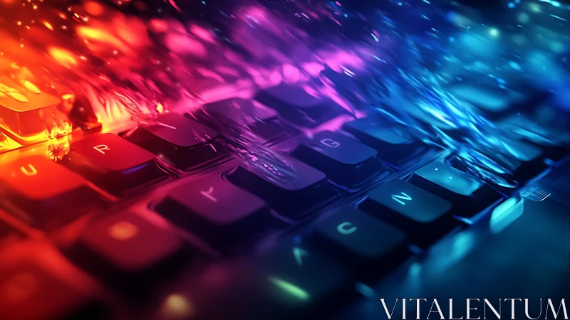 Cyberpunk keyboard macro with prismatic neon fluid streaks.