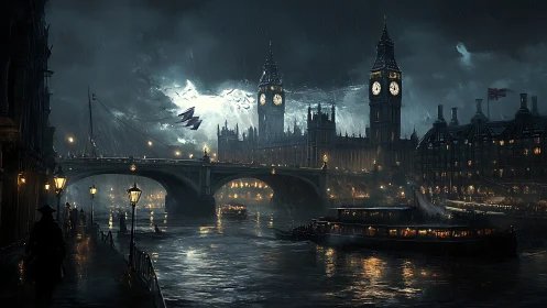 Stormlit neo-Victorian London waterfront under cinematic rain