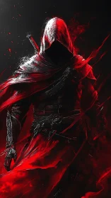 Hooded red assassin emerges from shadow in dynamic digital rendering
