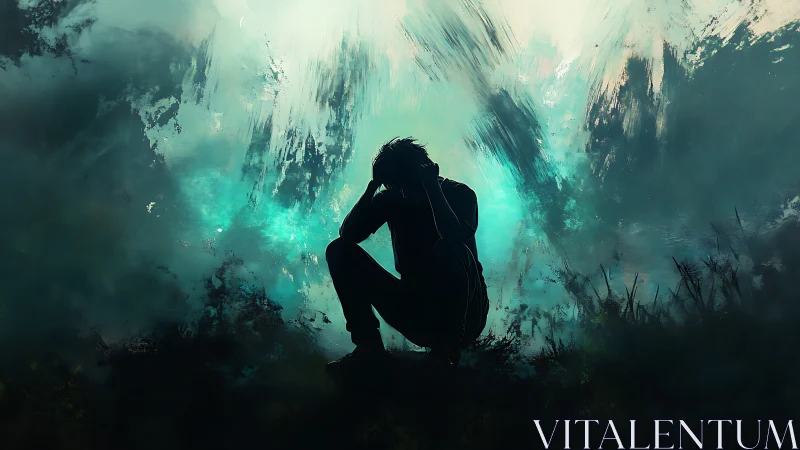 Silhouetted figure crouching in moody cyan atmospheric haze