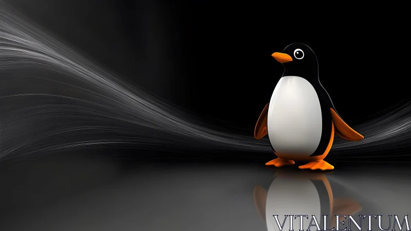 Cute 3D Cartoon Penguin on Glossy Surface with Abstract Waves.