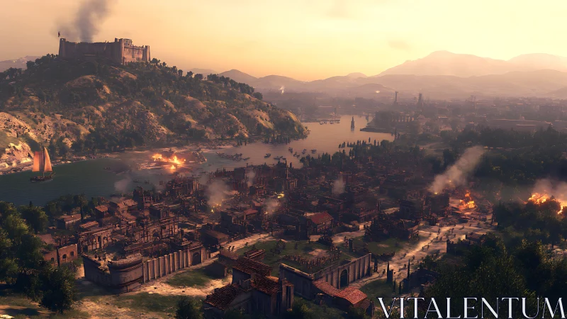 Burning ancient coastal city under warm sunset sky