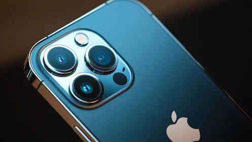 Photorealistic macro of blue smartphone triple-camera module.