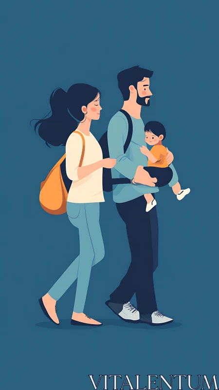 Minimalist vector illustration shows young family walking together