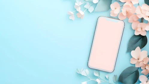 Smartphone with Blank Screen and Pastel Flowers on Blue Background.