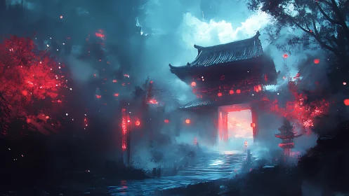 Midnight temple gate glowing with dreamy crimson lanterns.