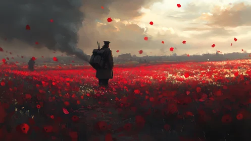 Soldier standing in red poppy field under smoky war sky.