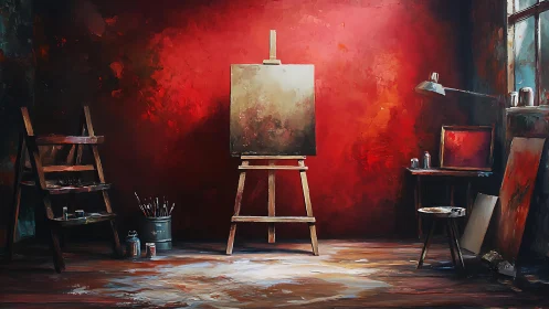 Chromatic painter&rsquo;s studio with central easel and red field wall.