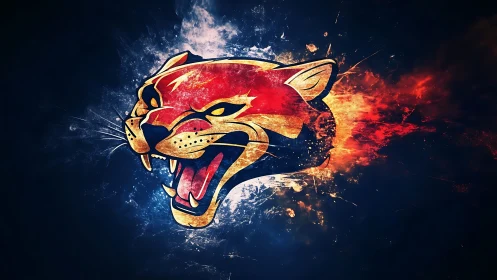 Roaring Cougar Head with Dynamic Fire and Cosmic Energy Effects.