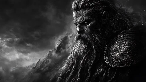 Monochrome armored warlord rendered in high-contrast digital chiaroscuro.