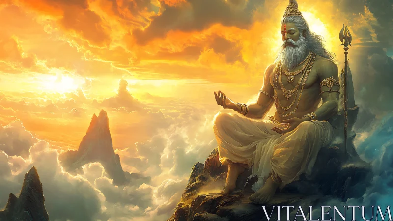 Divine sage meditating above sunlit clouds at dusk.