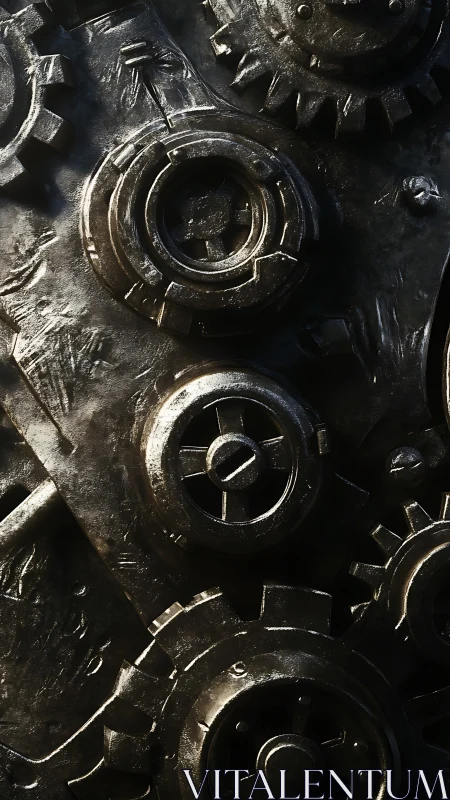 Macro study of interlocking steel gears with worn patina