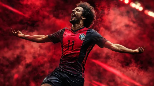 Triumphant soccer forward celebrates in a storm of red light.