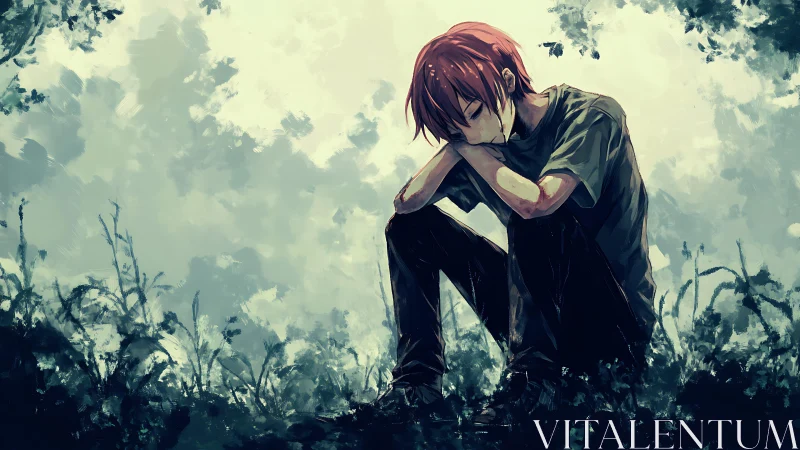 Solitary figure seated in overgrown outdoor vegetation zone.