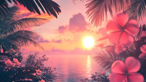Digital painting of tropical sunset with floral foreground framing.