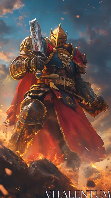 Armored knight with sword standing over burning battlefield.