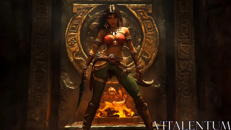 Warrior priestess before blazing temple idol in gold-lit ruin.