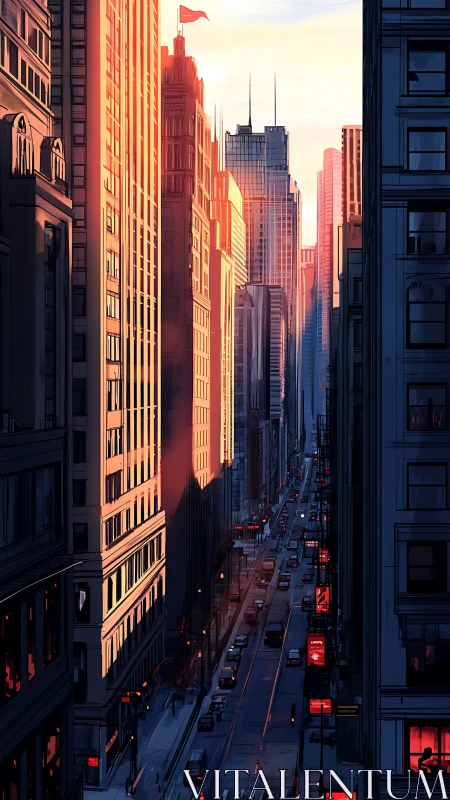 Sunlit high-rise corridor renders deep linear urban perspective
