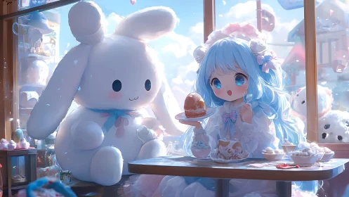 Pastel café tableau with chibi girl and macro plush rabbit.
