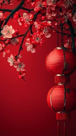 Red lanterns and cherry blossoms on uniform red background.