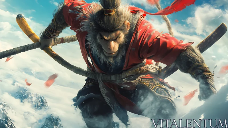 Mythic warrior monkey charges across stormy mountain skies.