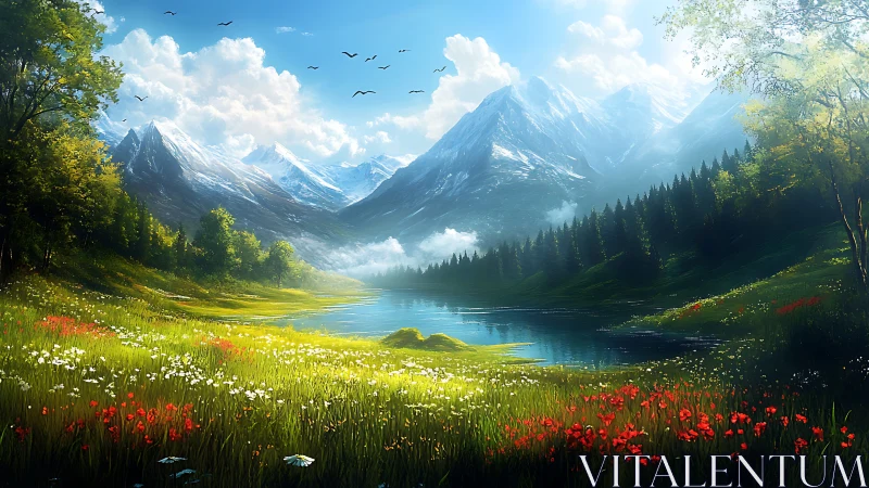 Mountain meadow breathes in color as the lake mirrors skies