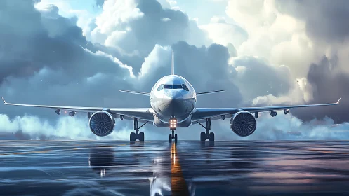 Modern jetliner front view on wet runway under storm clouds.