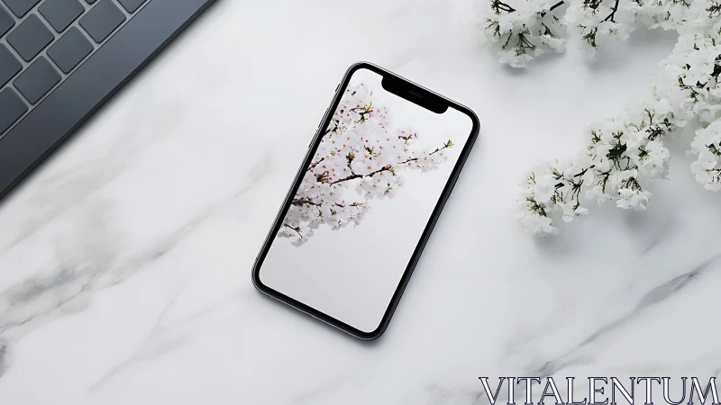 Smartphone with cherry blossom wallpaper positioned on white marble surface.