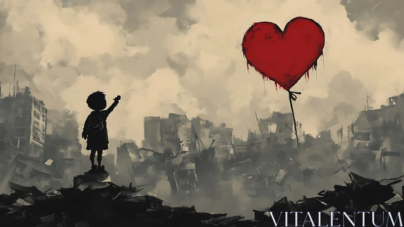 Child's Defiant Heart: A Balloon of Hope Against Urban Ruin