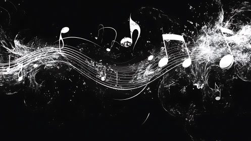 White musical notes and staff swirl dynamically on black