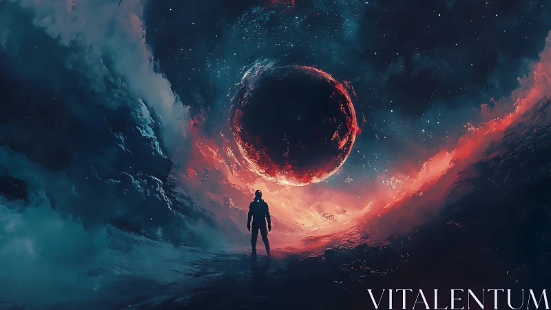 Lone wanderer meets a burning eclipse in cosmic tempest skies.