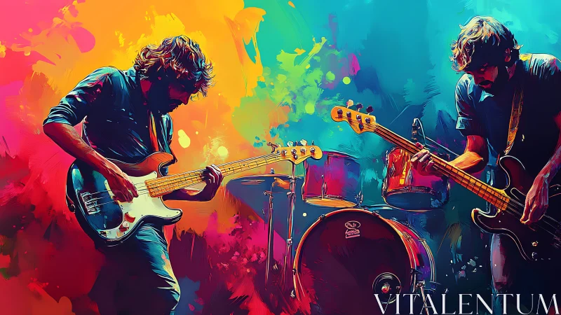 Electric rock trio with bass guitars on neon abstract stage