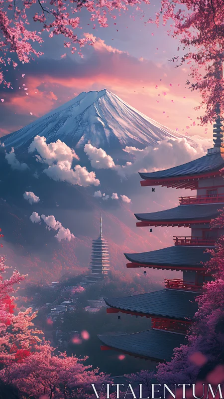 Snow-capped mountain and tiered pagoda in cherry blossom valley.