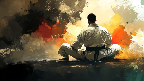 Martial artist seated in meditative pose within abstract light field