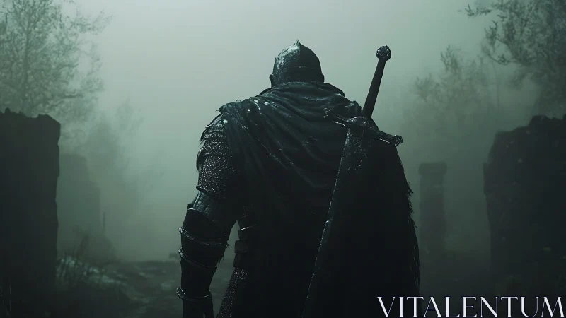 Lone armored knight advances through a fog-bound ruin