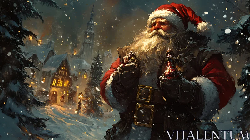 Santa Claus holding gifts in snowy village at night.