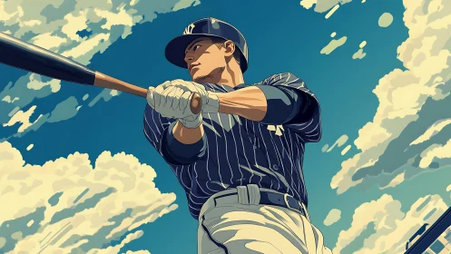 Low-angle stylized baseball batter swinging under dynamic sky