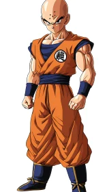 Bald anime martial artist in orange gi, poised and focused.