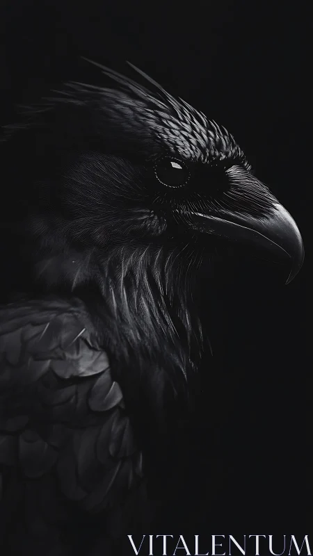 Raven portrait emerges from shadow in dramatic monochrome light