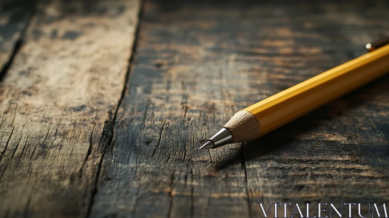 Yellow mechanical pencil rests on worn wooden surface.