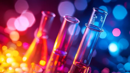 Colorful lab glassware glowing with playful science energy.