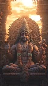 Seated Hindu deity statue amid ornate temple carvings.